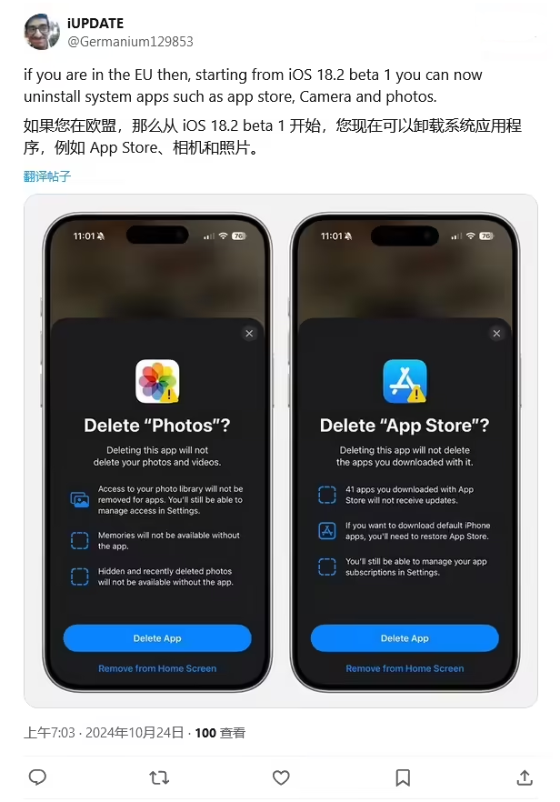 江汉石油管理局苹果手机维修分享iOS 18.2 支持删除 App Store 应用商店 