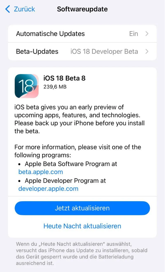 江汉石油管理局苹果手机维修分享苹果 iOS / iPadOS 18 开发者预览版 Beta 8 发布 